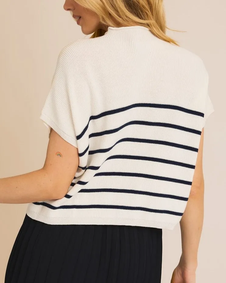 High Neck Stripe Sweater Top - White/Navy Stripe