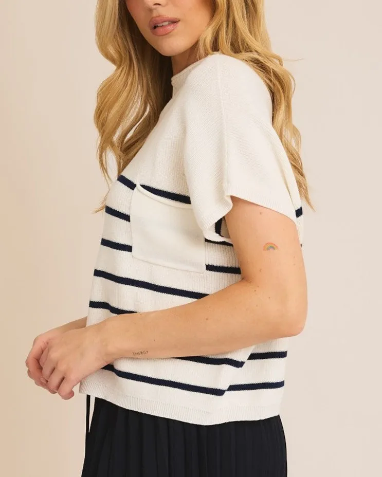 High Neck Stripe Sweater Top - White/Navy Stripe