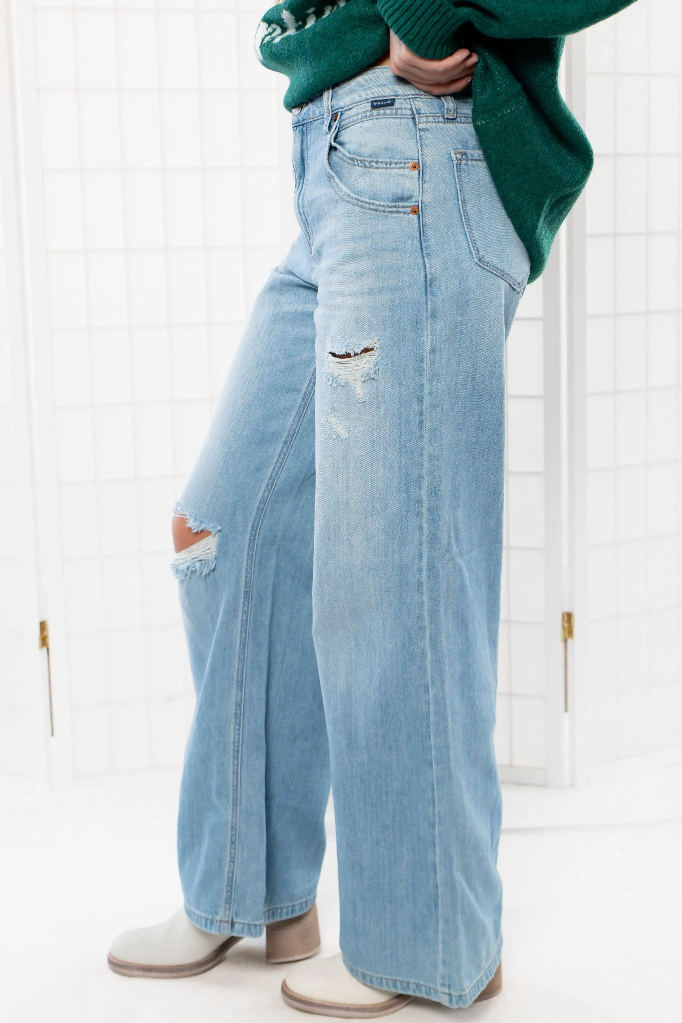 Jamie High Rise Wide Leg Light Denim Distressed Jeans
