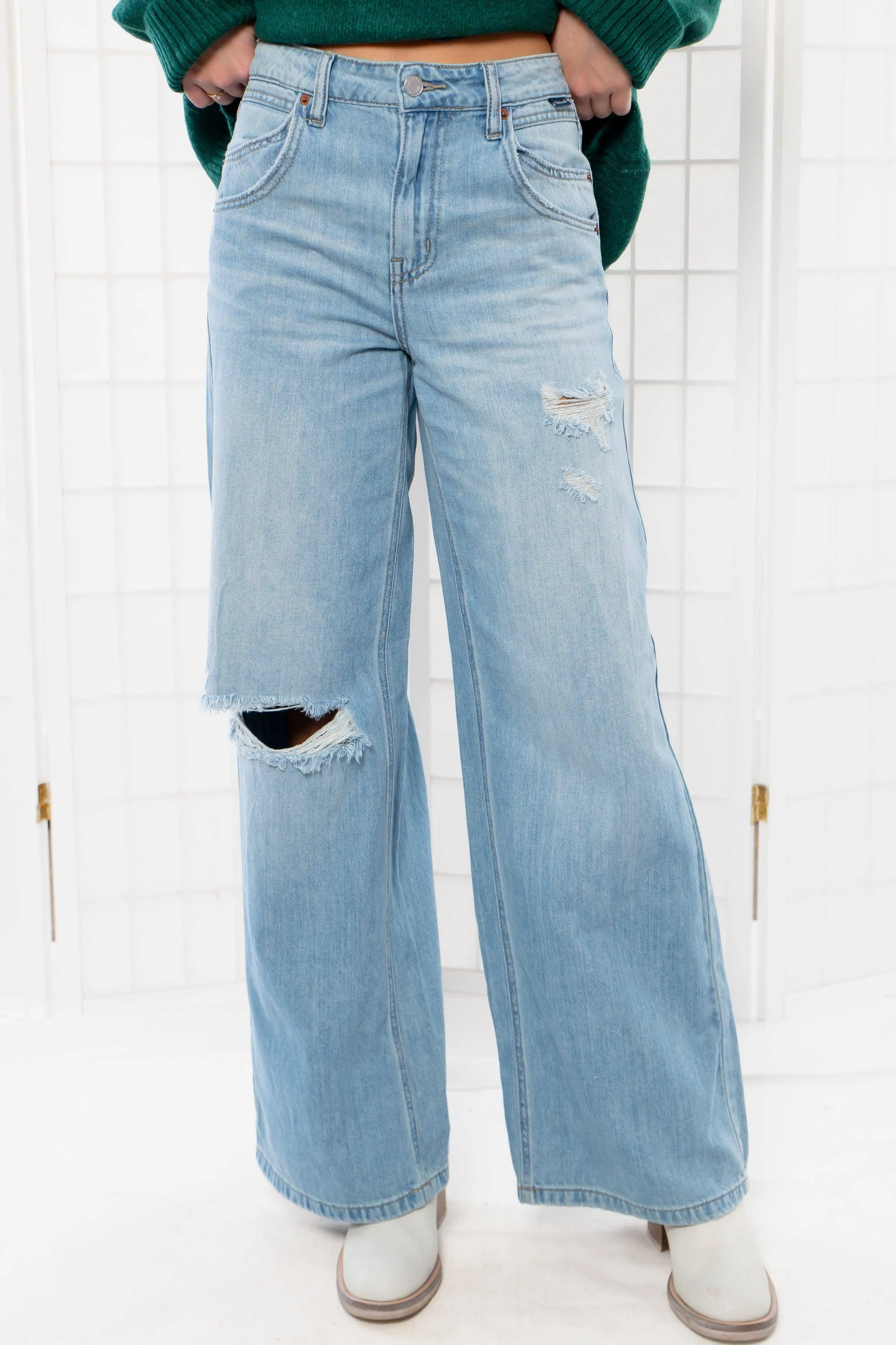 Jamie High Rise Wide Leg Light Denim Distressed Jeans