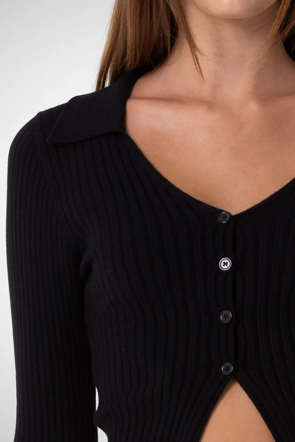 Knitted V-Neck Collared Button Down Top