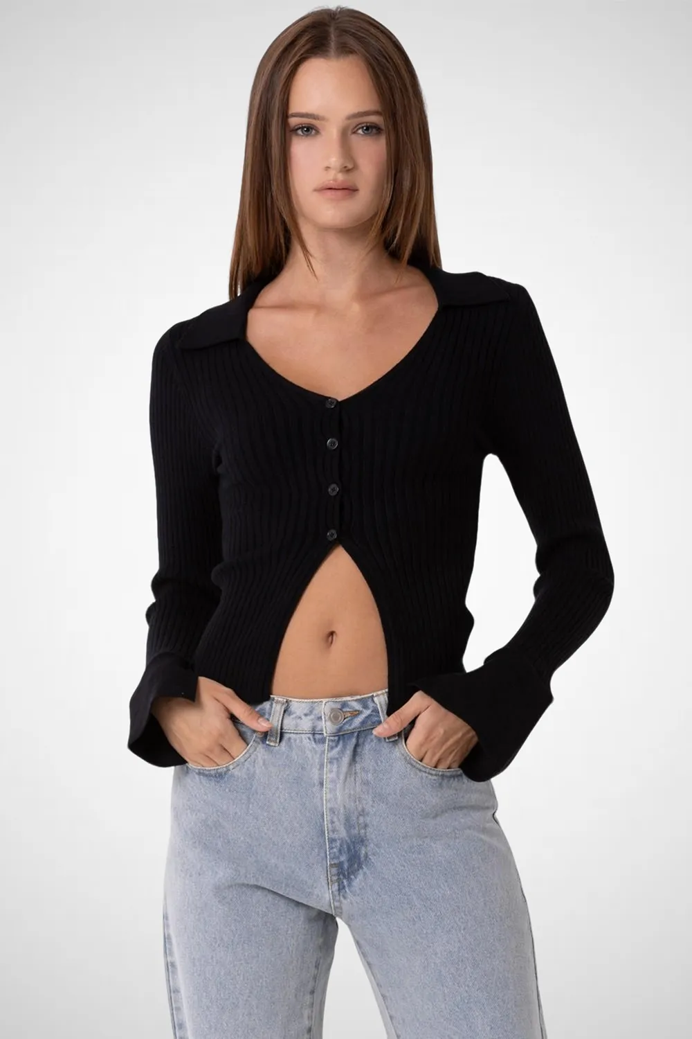 Knitted V-Neck Collared Button Down Top