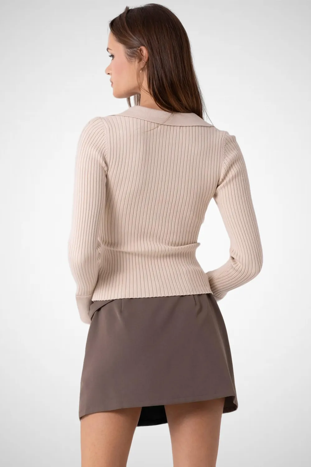 Knitted V-Neck Collared Button Down Top