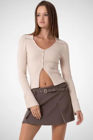 Knitted V-Neck Collared Button Down Top