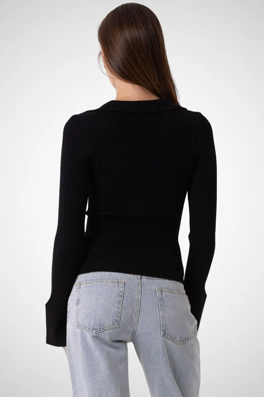 Knitted V-Neck Collared Button Down Top