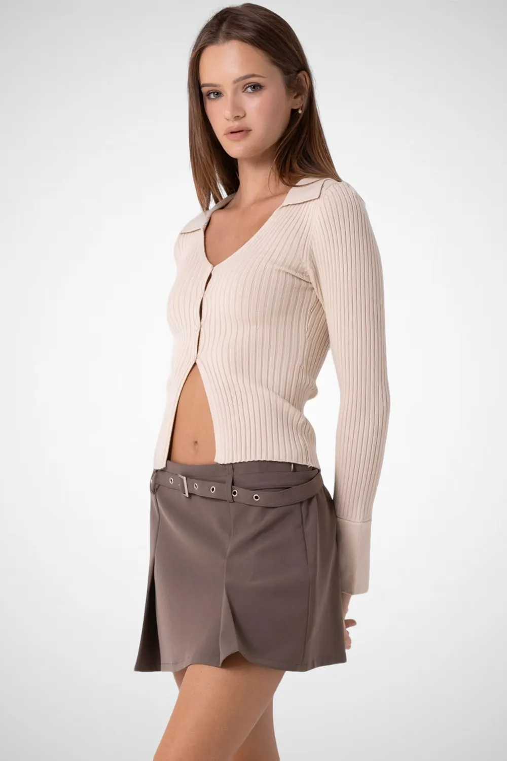 Knitted V-Neck Collared Button Down Top
