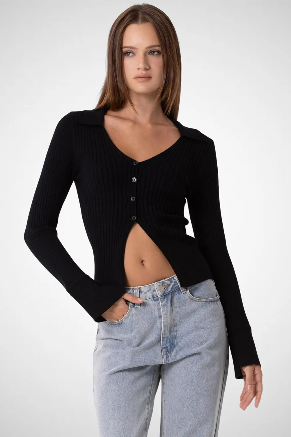 Knitted V-Neck Collared Button Down Top