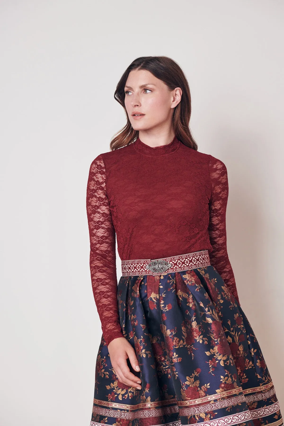 Krueger Elaine Elegant Festive Lace Dirndl Blouse  Bordeaux