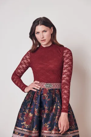 Krueger Elaine Elegant Festive Lace Dirndl Blouse  Bordeaux