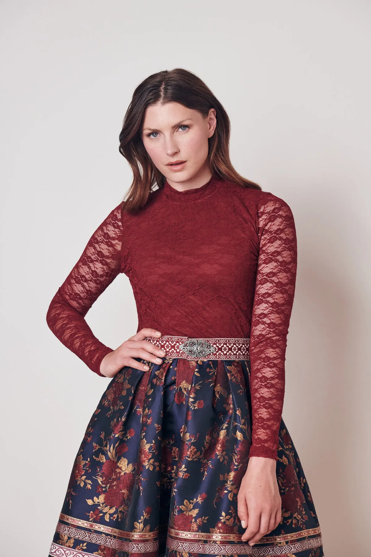 Krueger Elaine Elegant Festive Lace Dirndl Blouse  Bordeaux