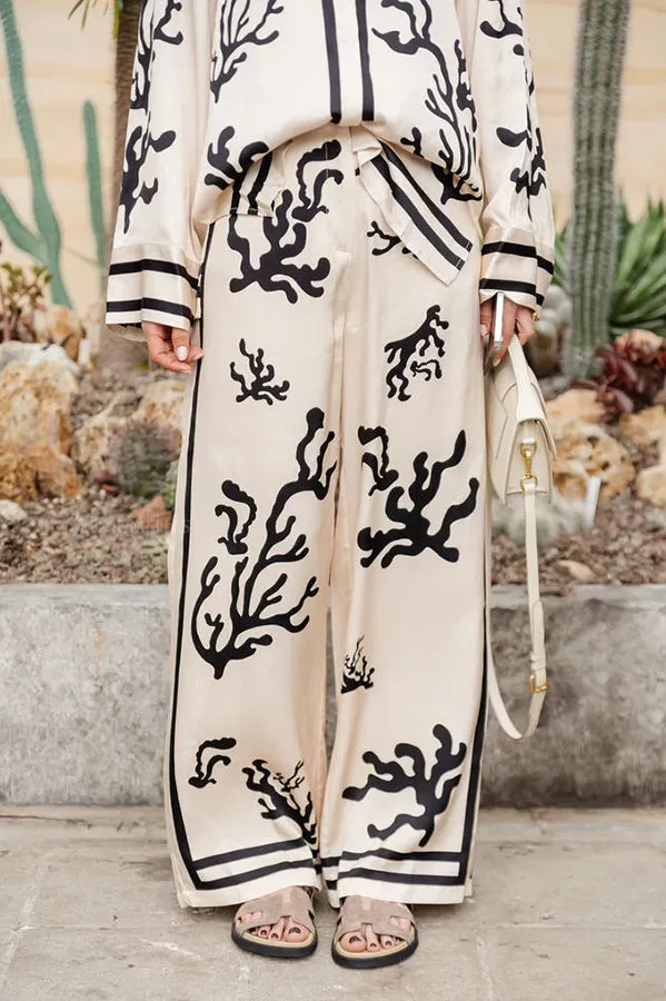 Lilipretty® Light and Comfortable Satin Unique Print Elastic Waist Pocketed Wide Leg Pants