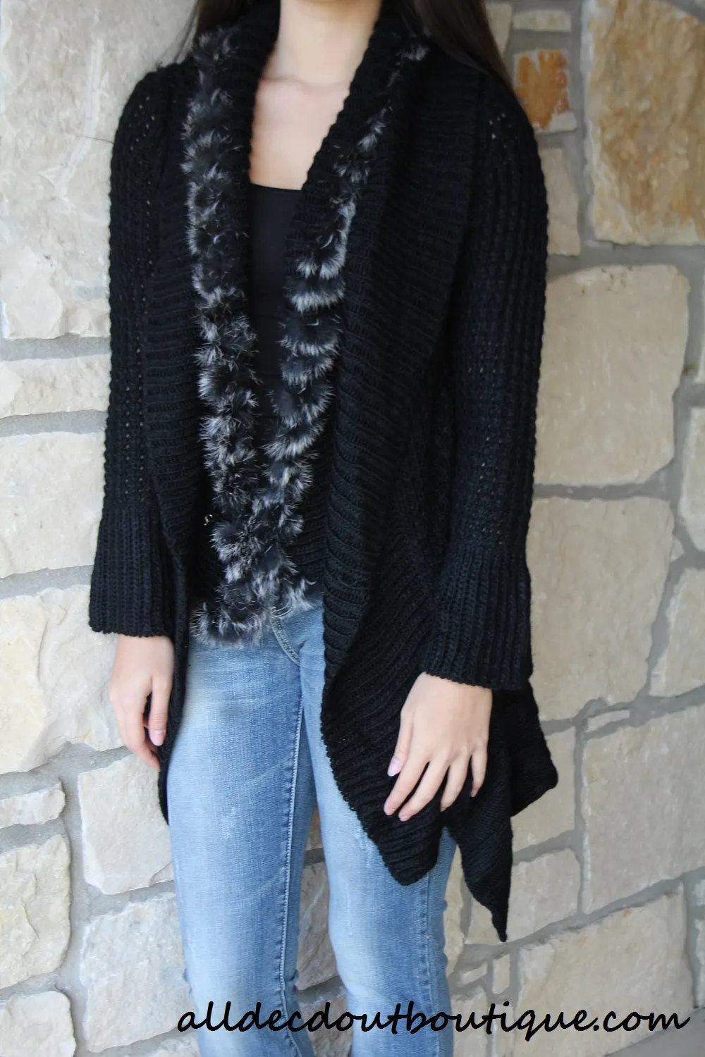 Lily | Crochet Black Sweater Cardigan with Fur Trim