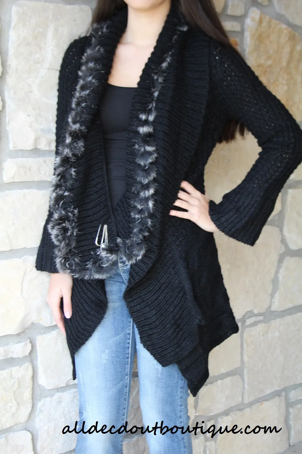 Lily | Crochet Black Sweater Cardigan with Fur Trim