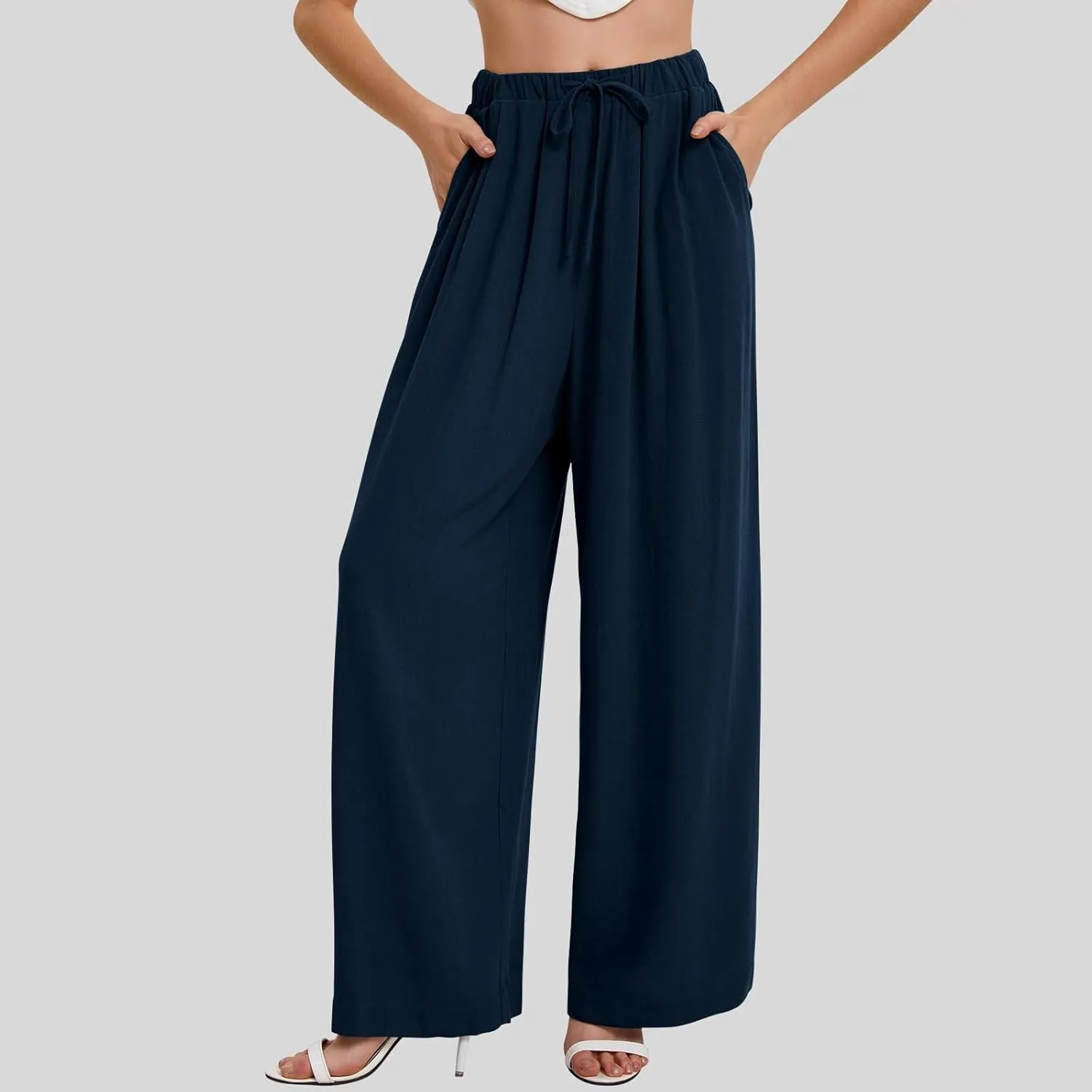 Linen Pants Women Wide Leg Flowy Boho Pants Lounge Pants Loose Fit with Pockets Palazzo Pants Beach