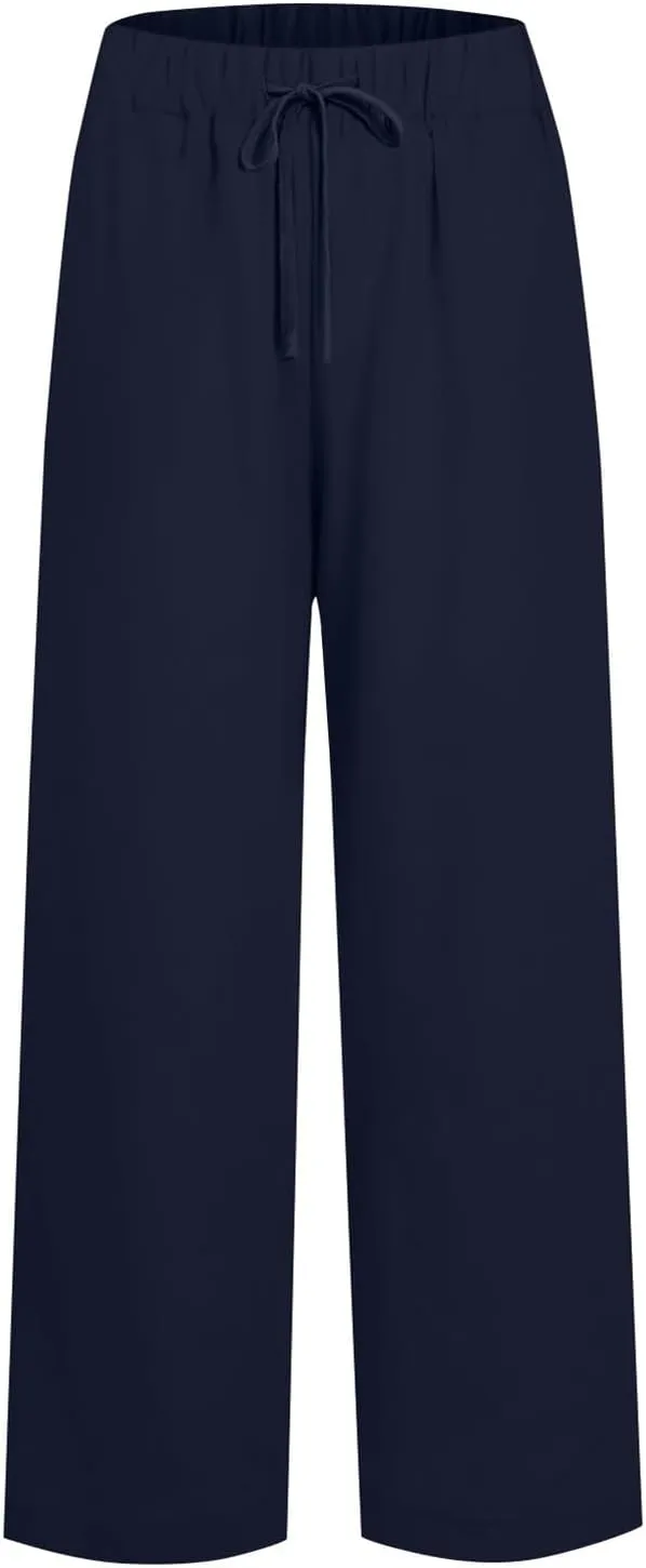 Linen Pants Women Wide Leg Flowy Boho Pants Lounge Pants Loose Fit with Pockets Palazzo Pants Beach