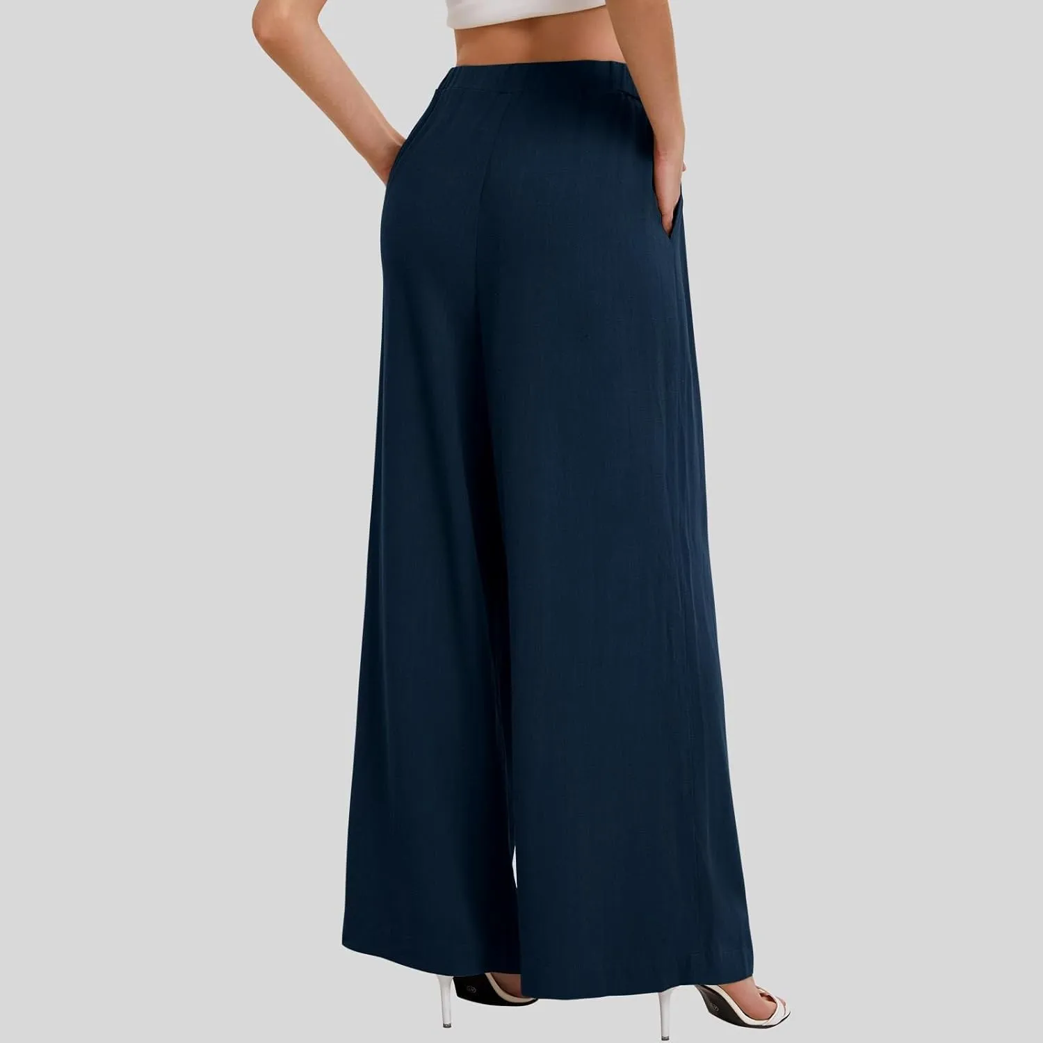 Linen Pants Women Wide Leg Flowy Boho Pants Lounge Pants Loose Fit with Pockets Palazzo Pants Beach