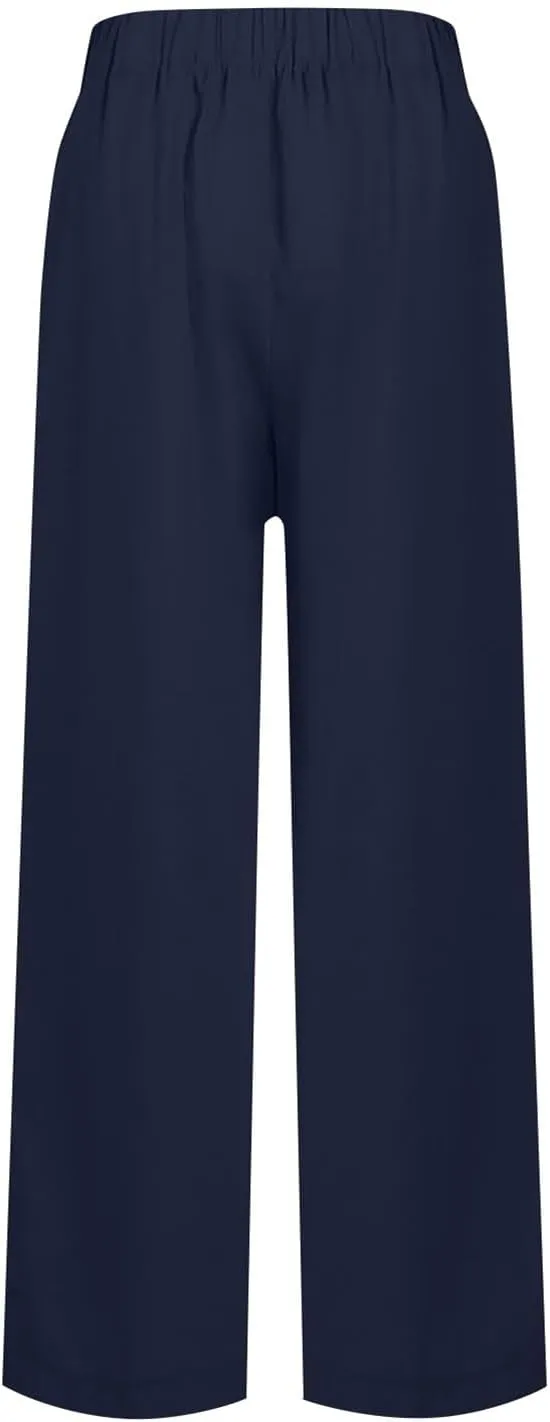 Linen Pants Women Wide Leg Flowy Boho Pants Lounge Pants Loose Fit with Pockets Palazzo Pants Beach