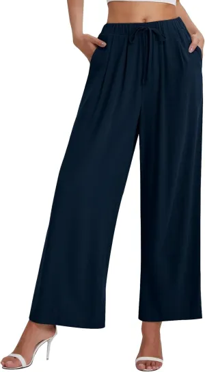 Linen Pants Women Wide Leg Flowy Boho Pants Lounge Pants Loose Fit with Pockets Palazzo Pants Beach