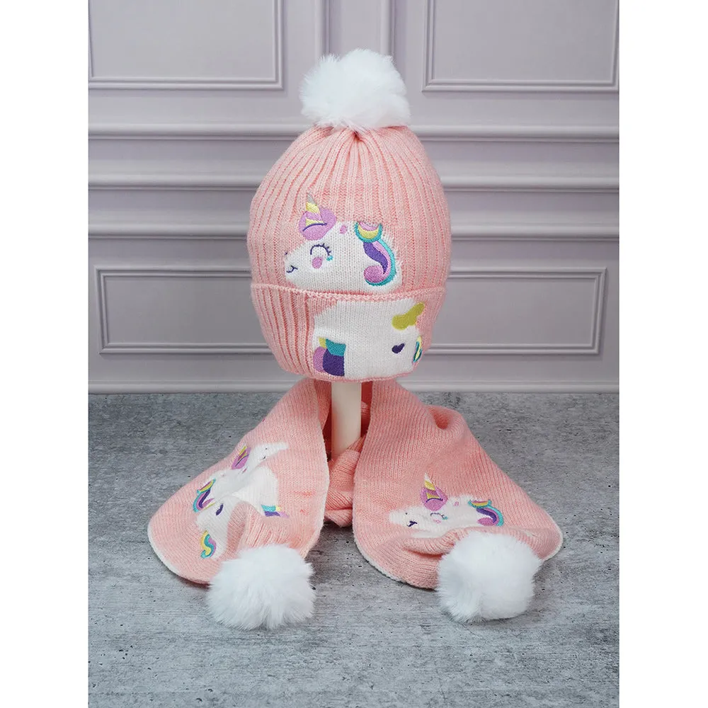 Little Surpise Box 2Pcs Peach Unicorn Themed Beanie Winter Cap With Matching Long Style Neck Muffler For Kids