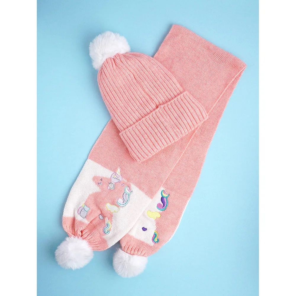 Little Surpise Box 2Pcs Peach Unicorn Themed Beanie Winter Cap With Matching Long Style Neck Muffler For Kids