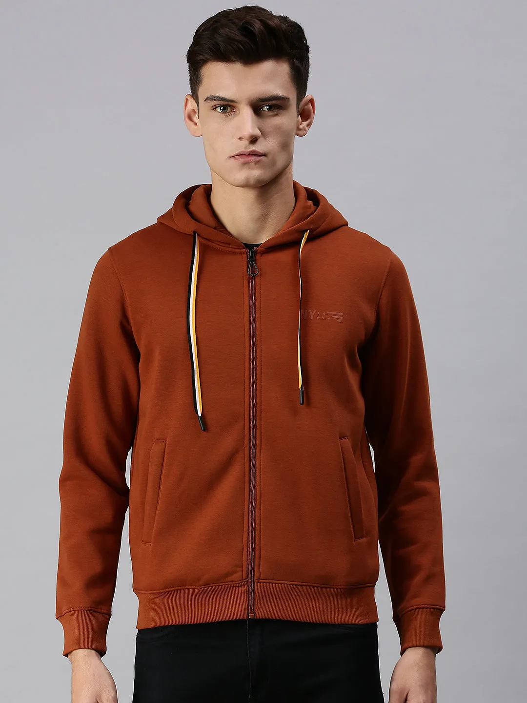 Men Hooded Solid Brown Pullover