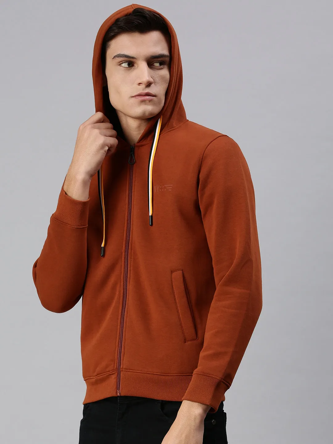 Men Hooded Solid Brown Pullover