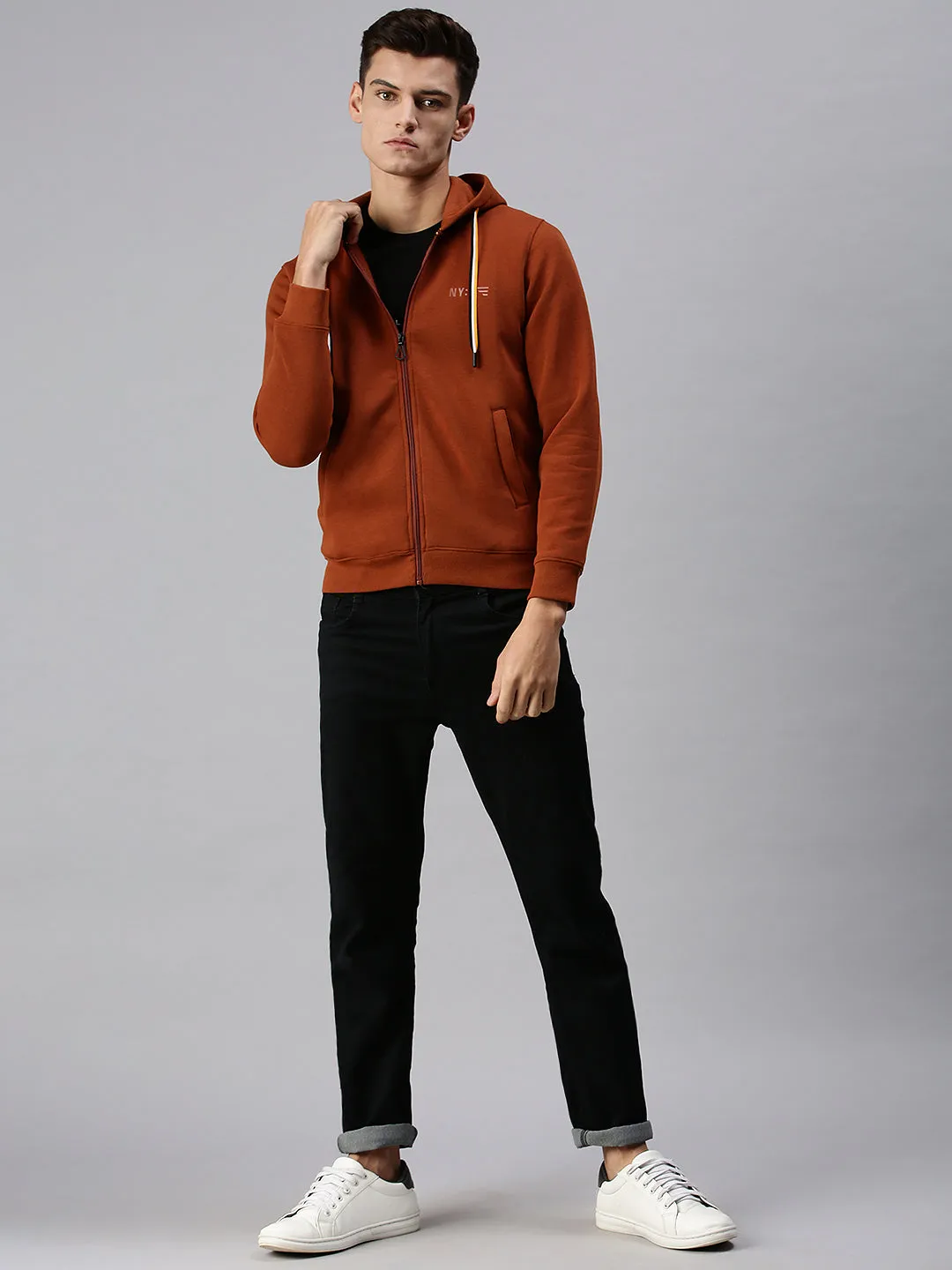 Men Hooded Solid Brown Pullover