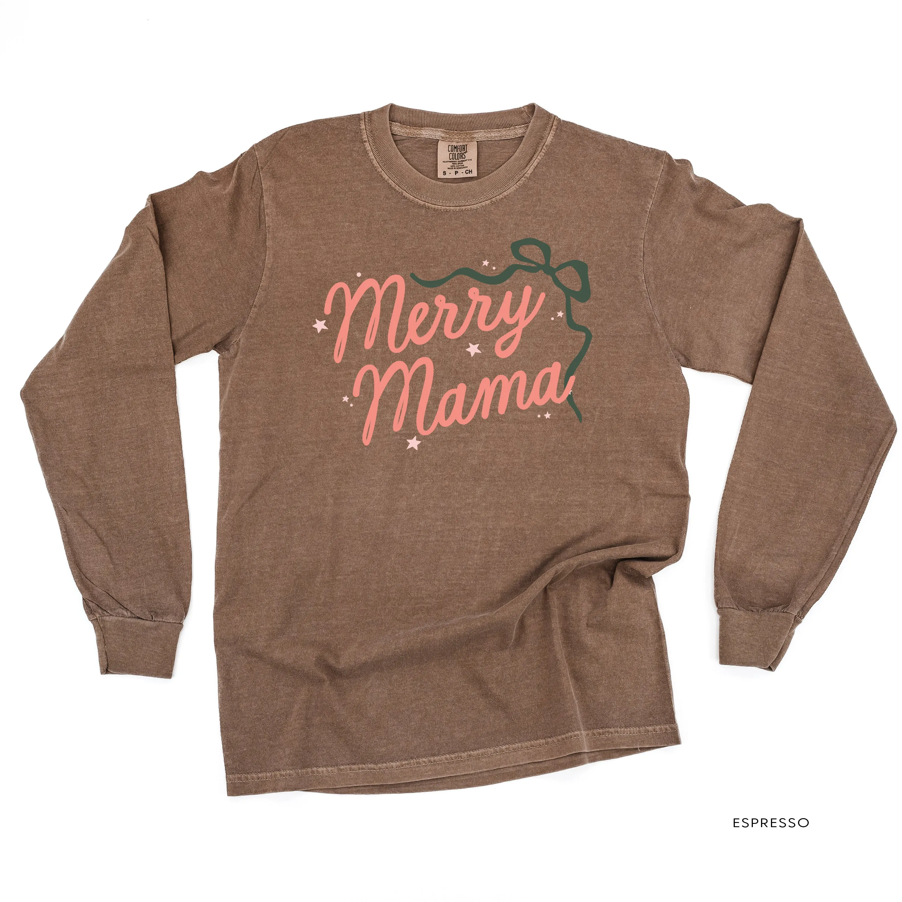 Merry Mama With Bow and Stars - LONG SLEEVE Comfort Colors Tee