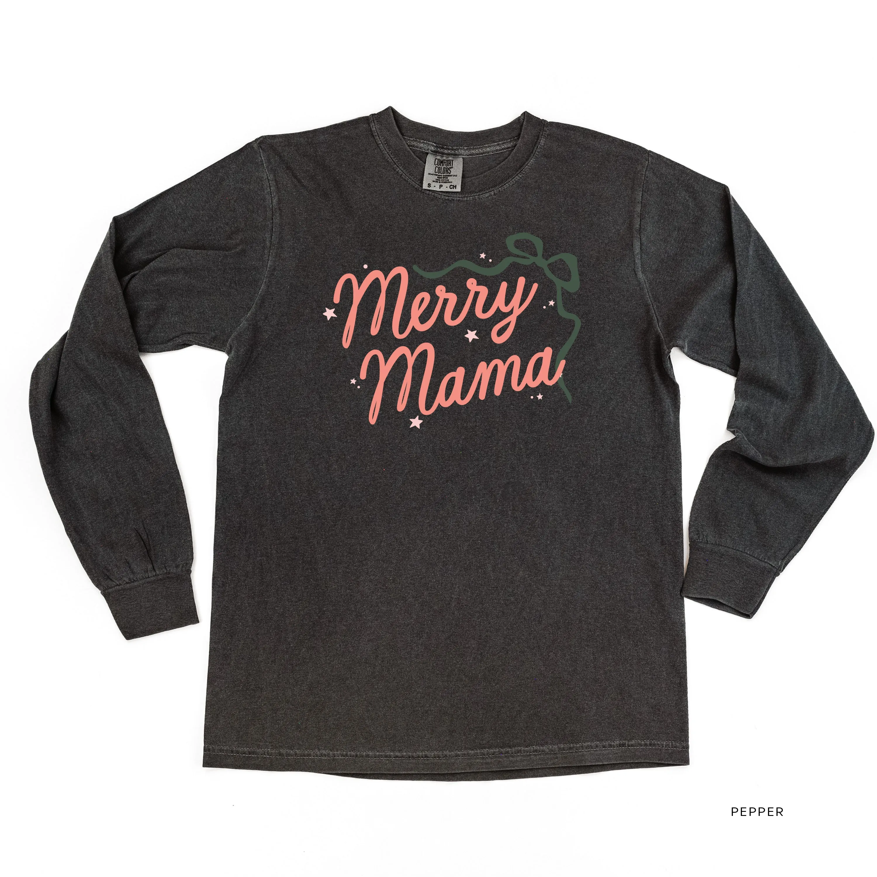 Merry Mama With Bow and Stars - LONG SLEEVE Comfort Colors Tee