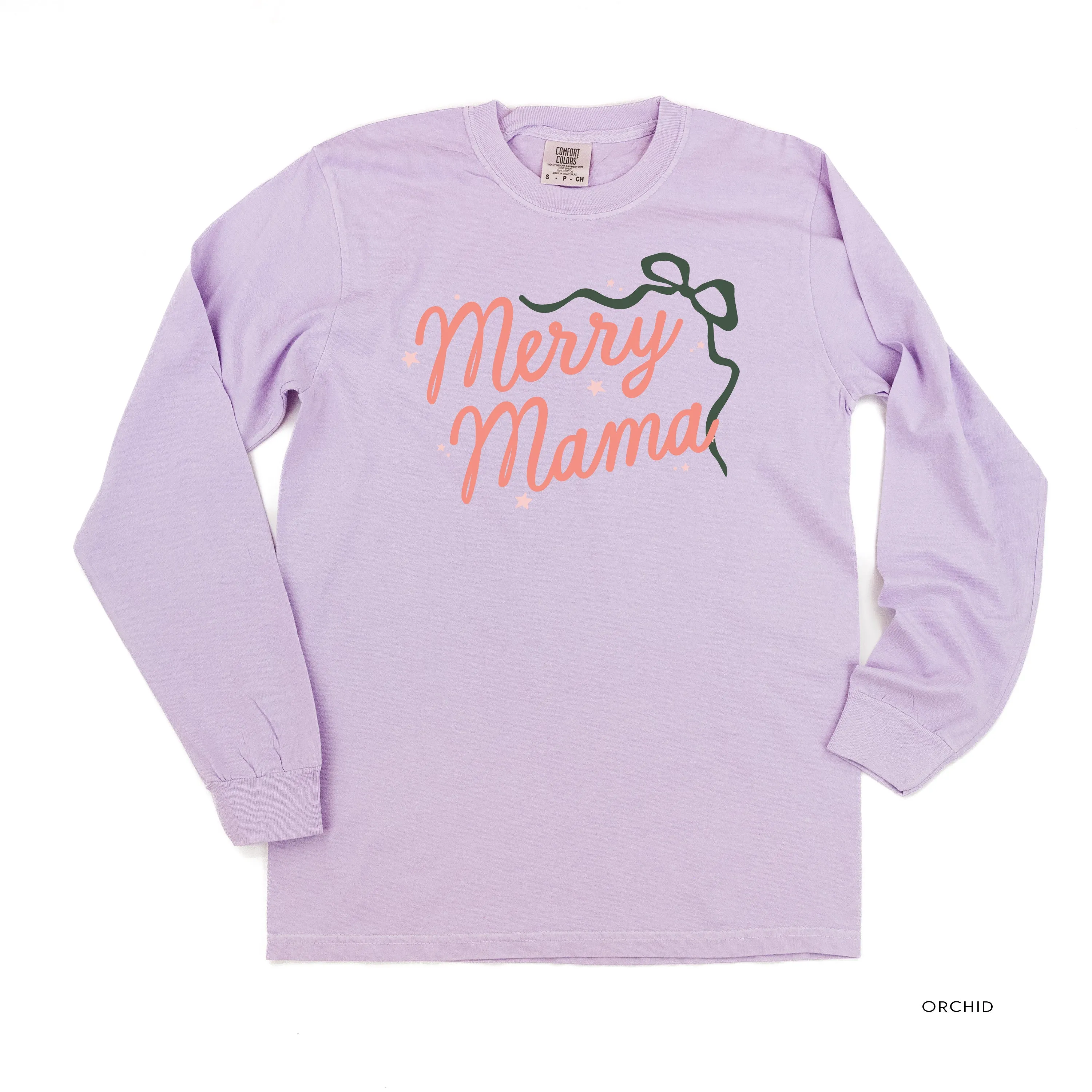 Merry Mama With Bow and Stars - LONG SLEEVE Comfort Colors Tee