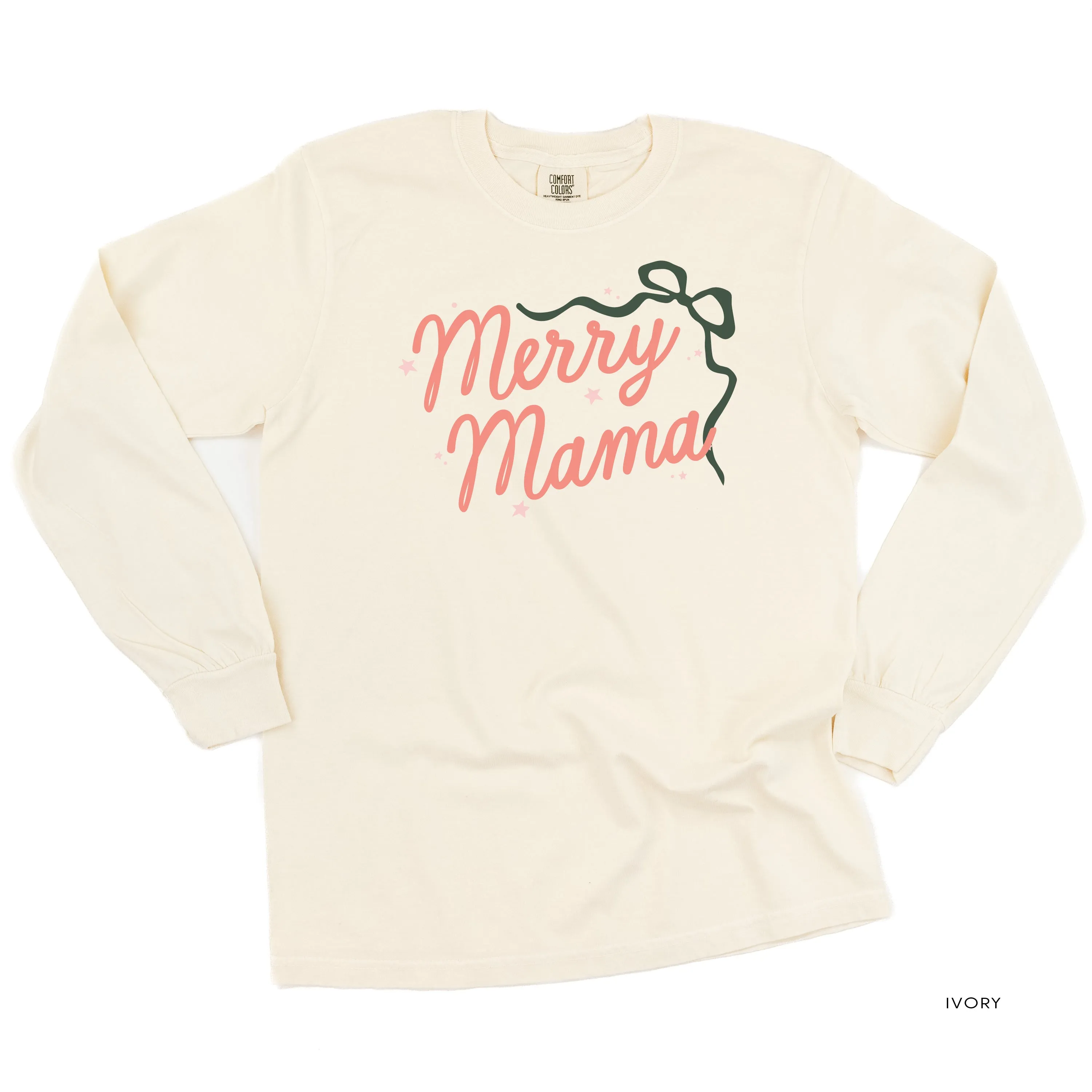 Merry Mama With Bow and Stars - LONG SLEEVE Comfort Colors Tee