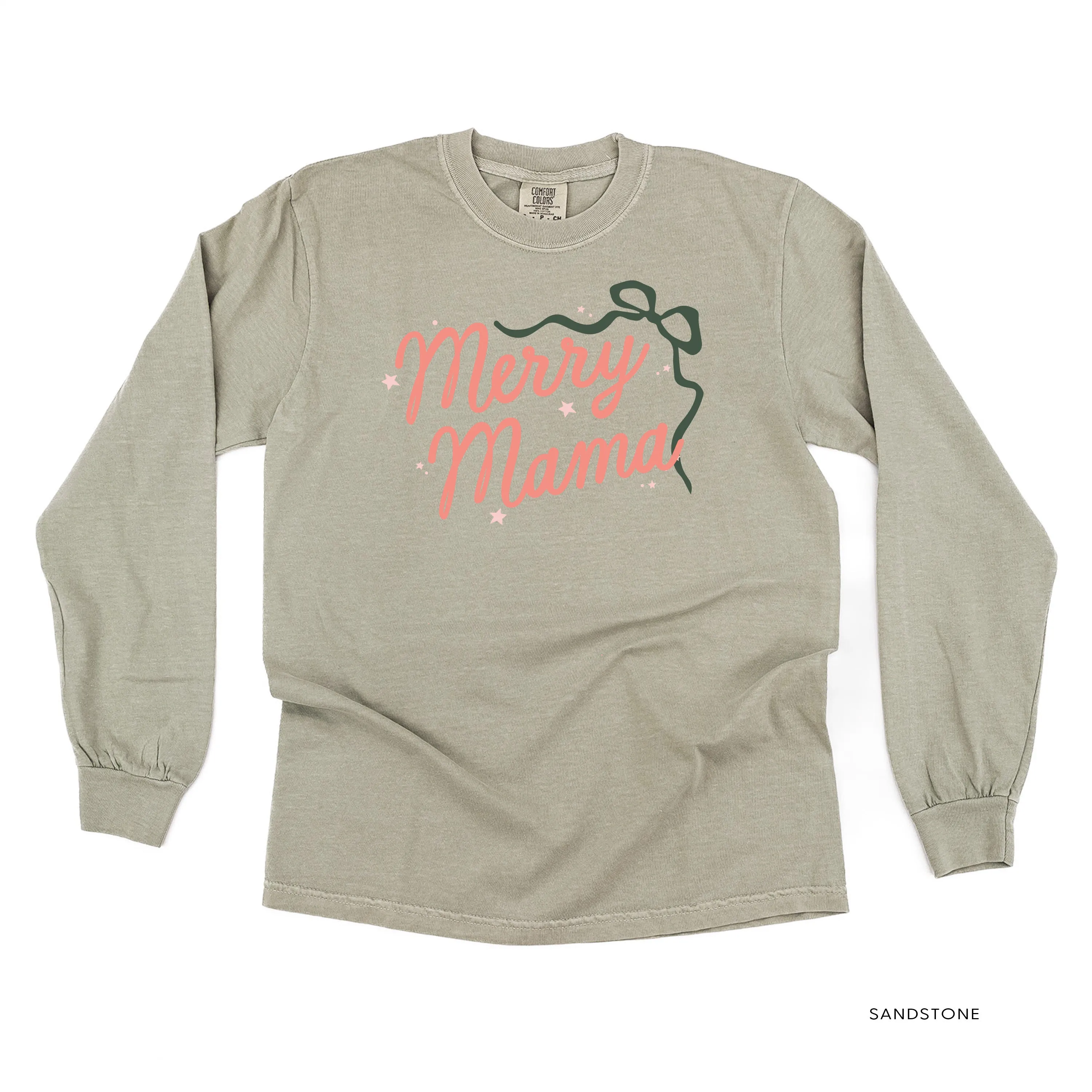 Merry Mama With Bow and Stars - LONG SLEEVE Comfort Colors Tee