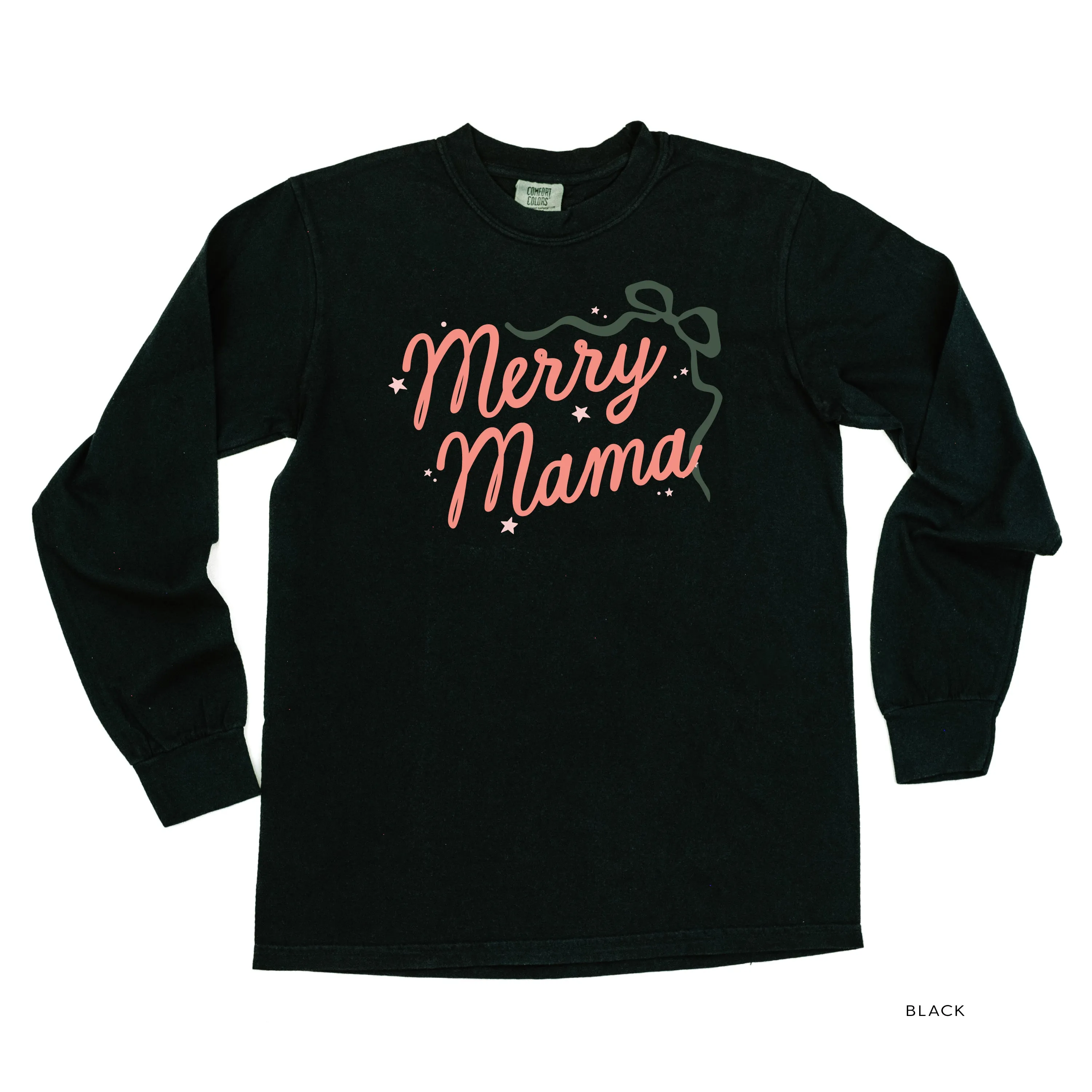Merry Mama With Bow and Stars - LONG SLEEVE Comfort Colors Tee