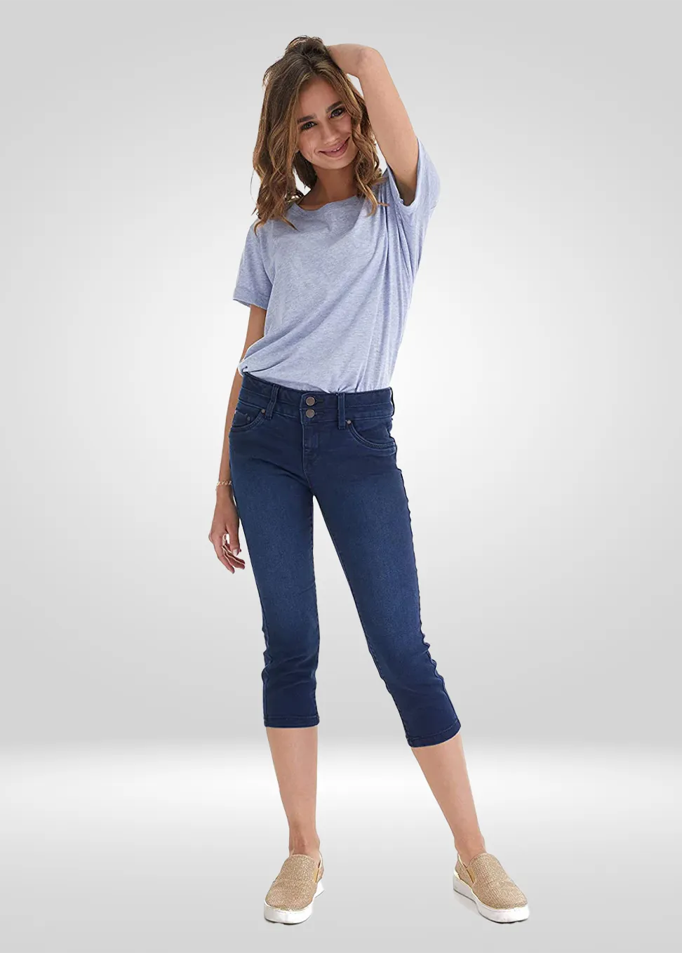 Mid Rise Stretch Denim Capris