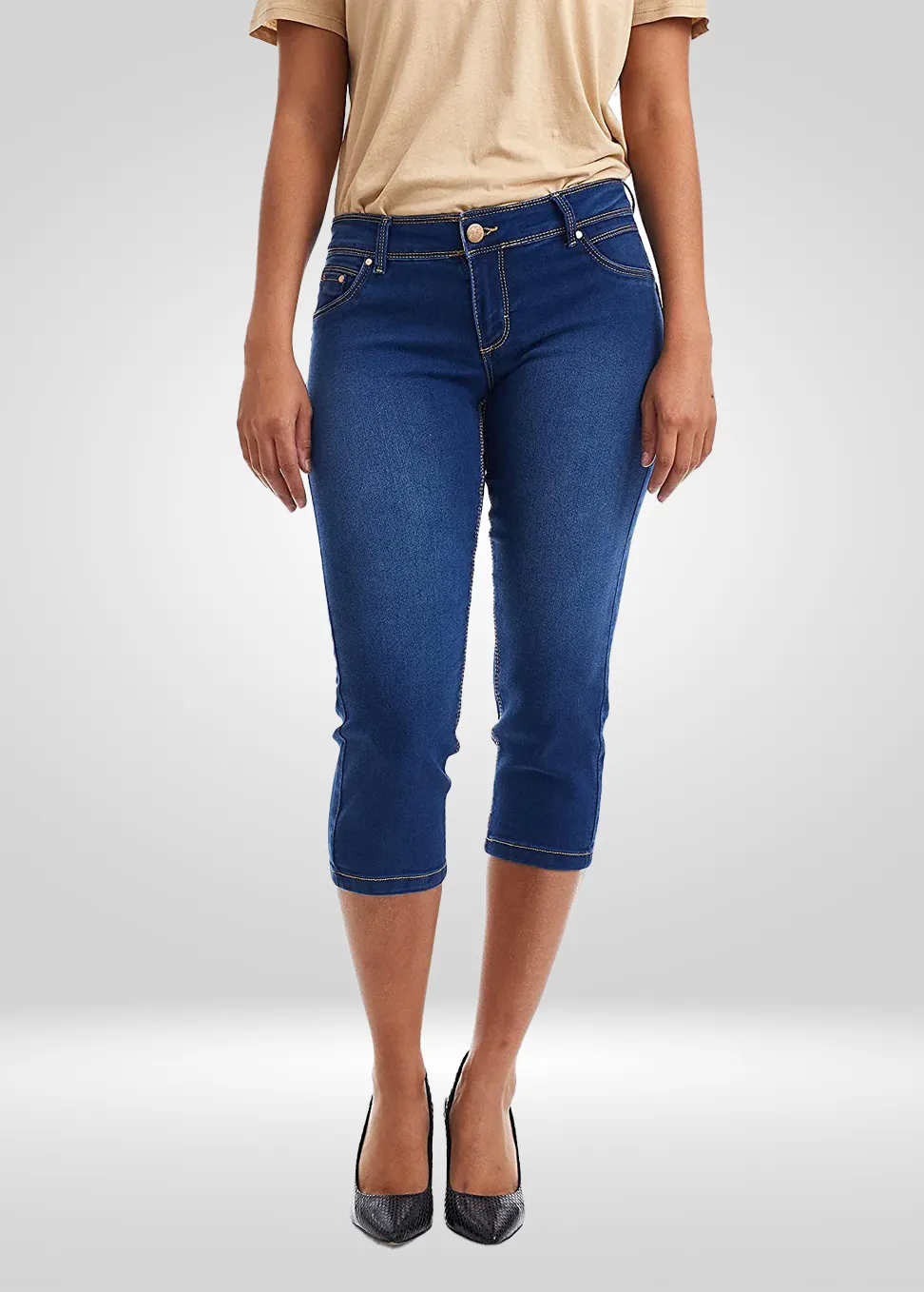 Mid Rise Stretch Denim Capris