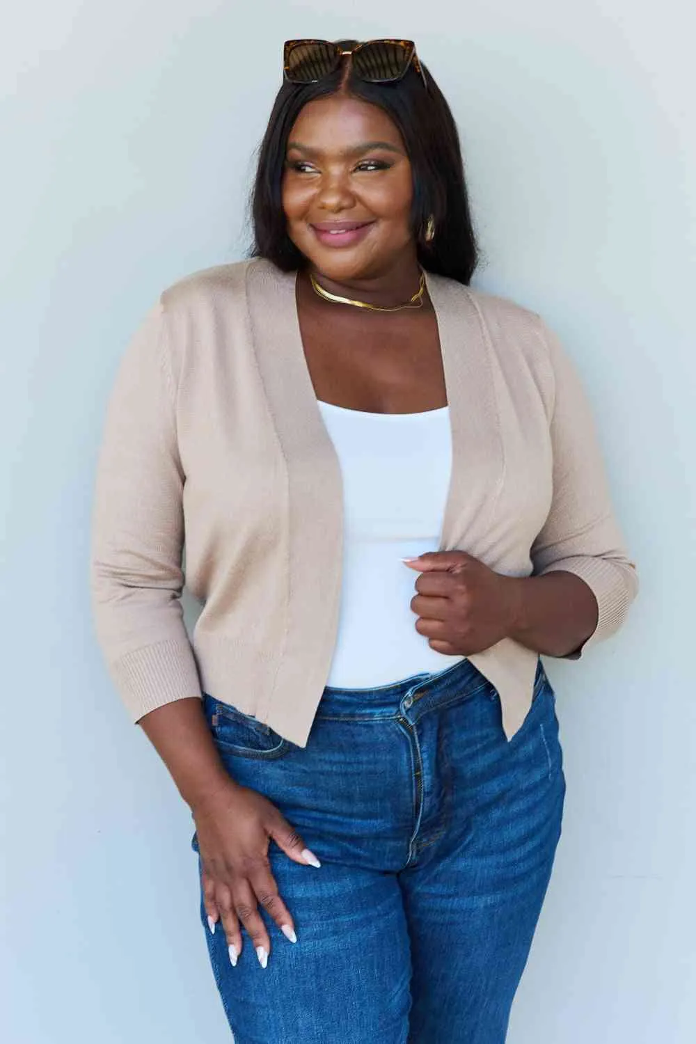 My Favorite  3/4 Sleeve Cropped Cardigan in Khaki