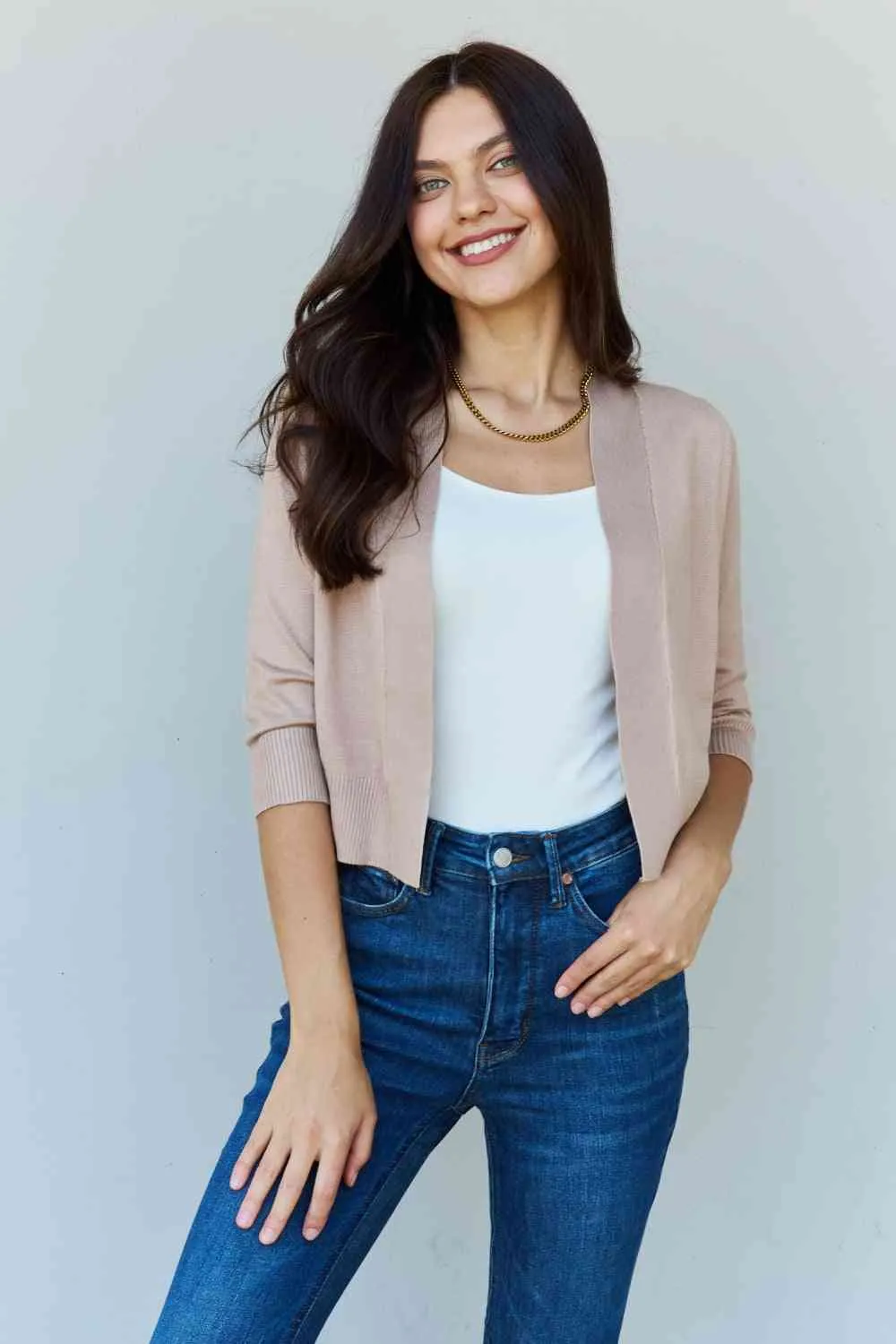 My Favorite  3/4 Sleeve Cropped Cardigan in Khaki