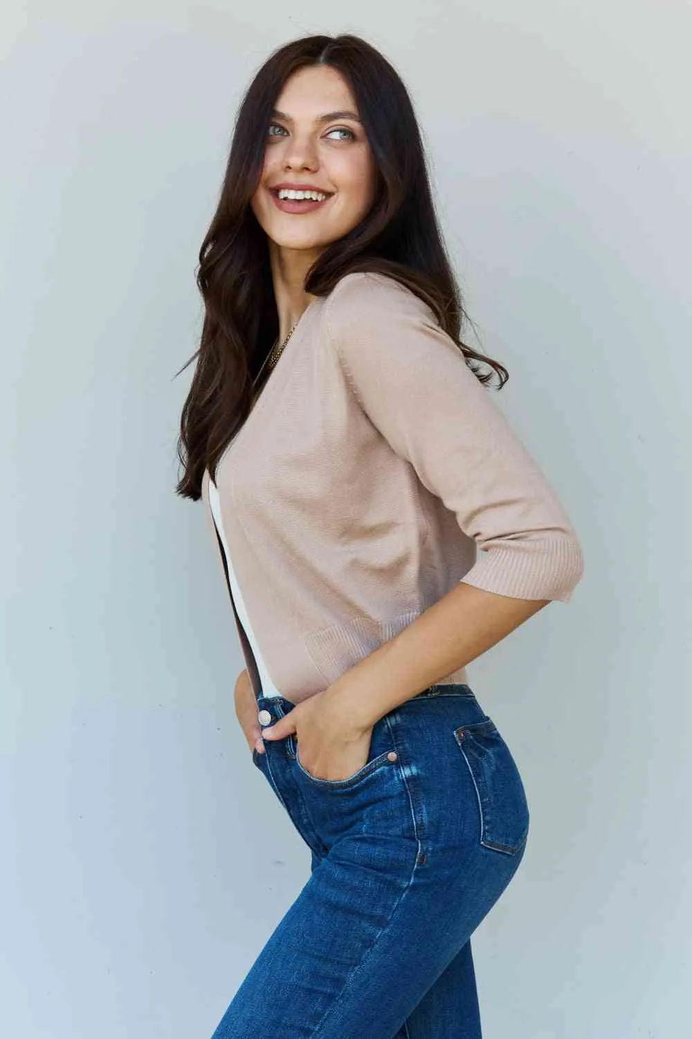 My Favorite  3/4 Sleeve Cropped Cardigan in Khaki