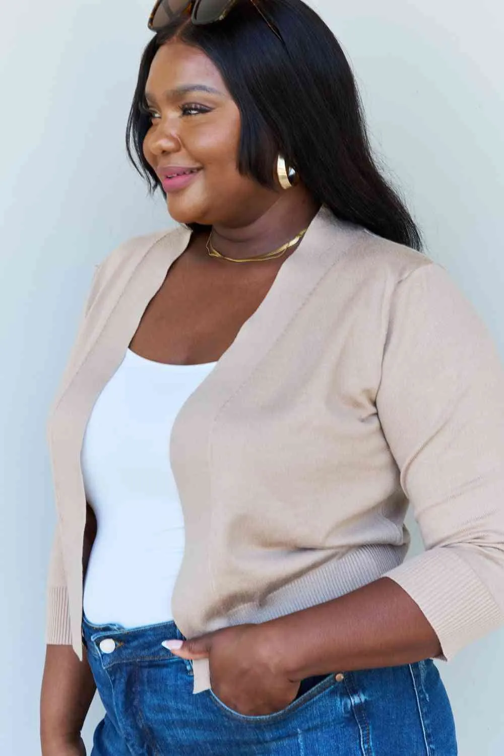 My Favorite  3/4 Sleeve Cropped Cardigan in Khaki