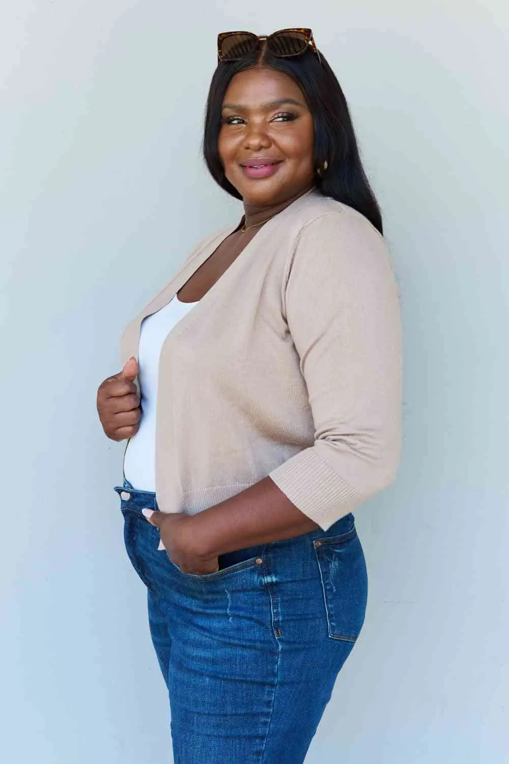 My Favorite  3/4 Sleeve Cropped Cardigan in Khaki