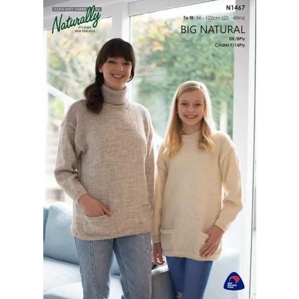 N1467 Women and Girls Sweater with pockets Pattern in DK / 8Ply & Chunky /14Ply