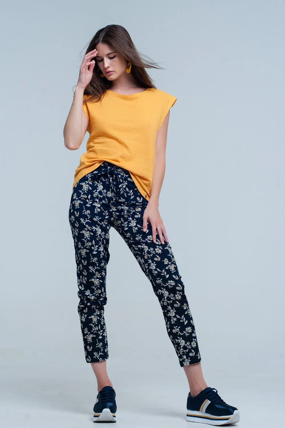 Navy Floral Pants With A Belt