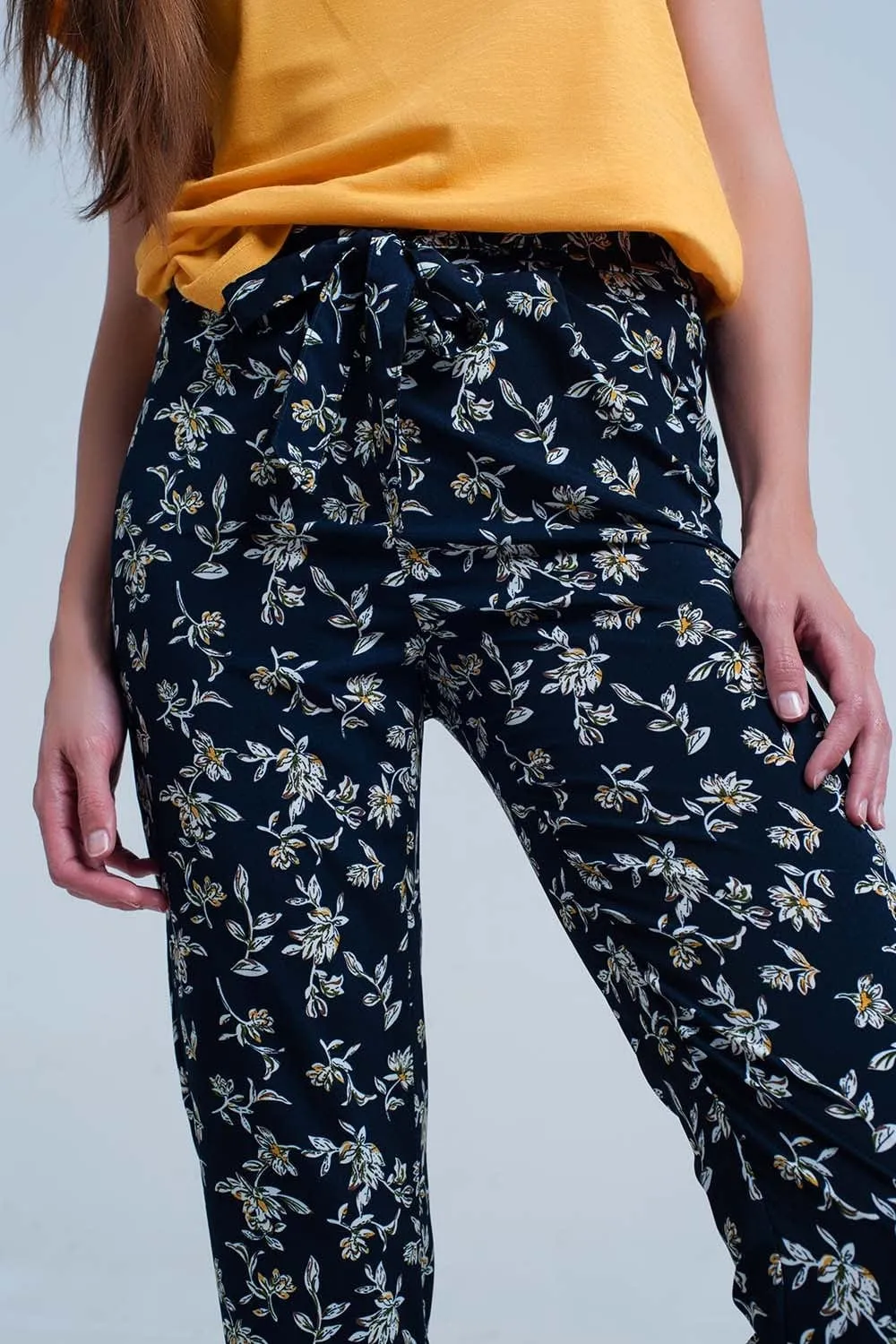 Navy Floral Pants With A Belt