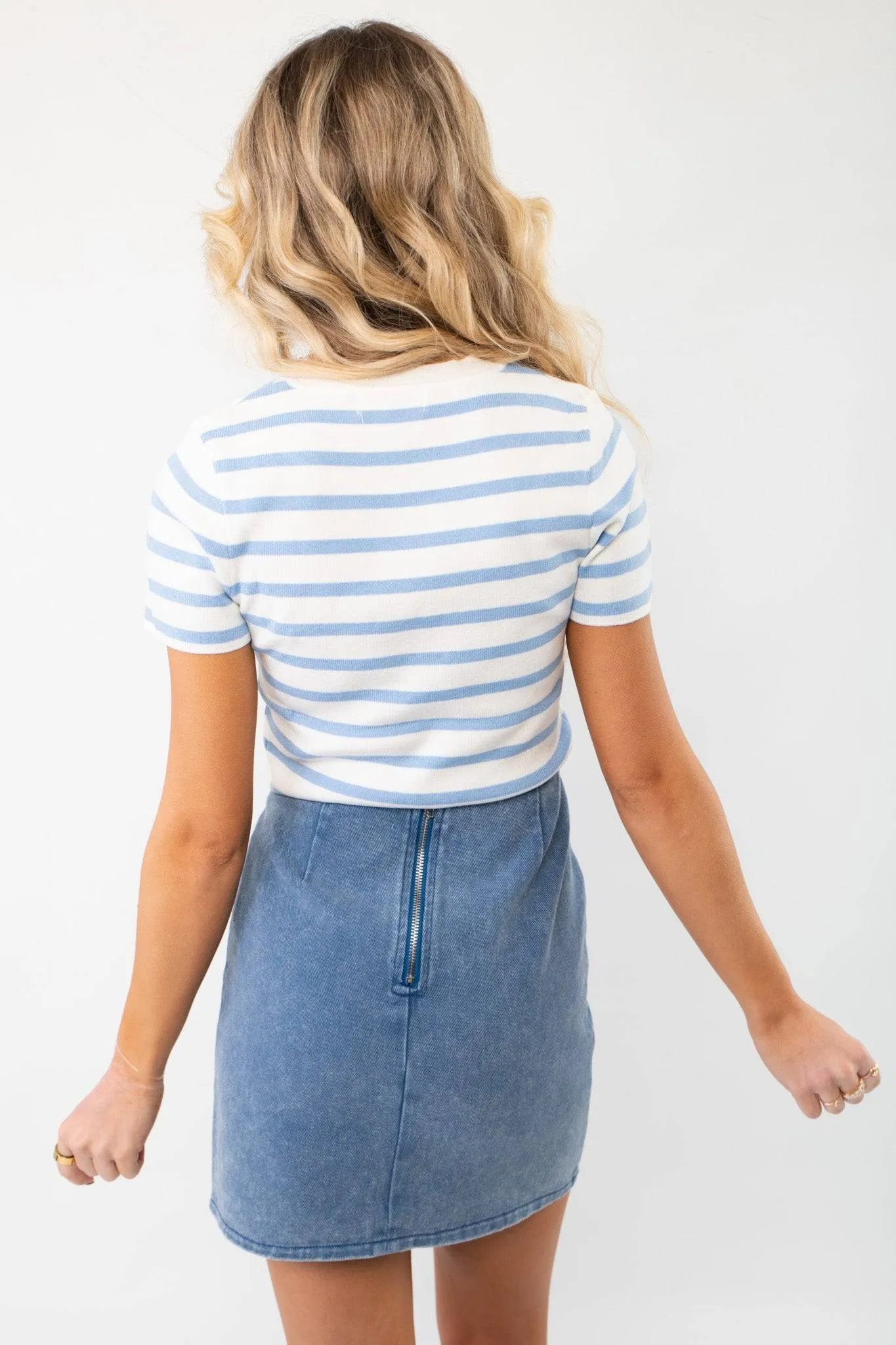 Next Up Blue Striped Knit Crop Top