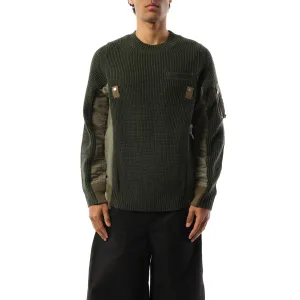 Nylon Twill x Wool Knit Pullover in Khaki