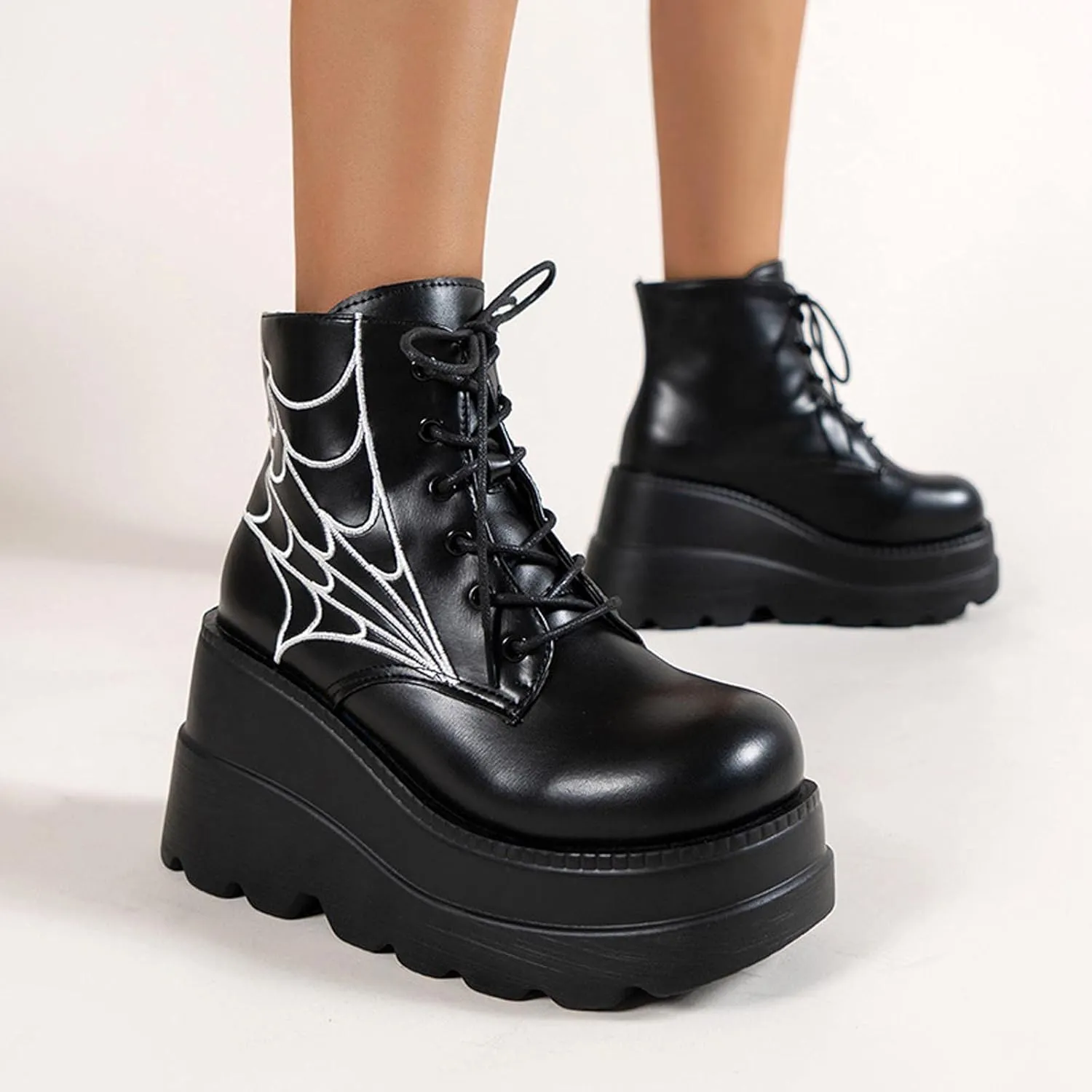 oiangi Wedge Boots for Women Platform Fashion Round Toe Lace Up Spider Web Embroidery Chunky Ankle Booties Casual Comfy Non-slip Ladies High Heel Shoes
