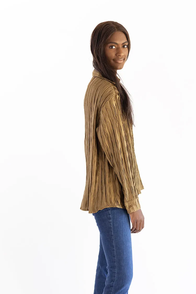 Olive Plisse Button Down Top