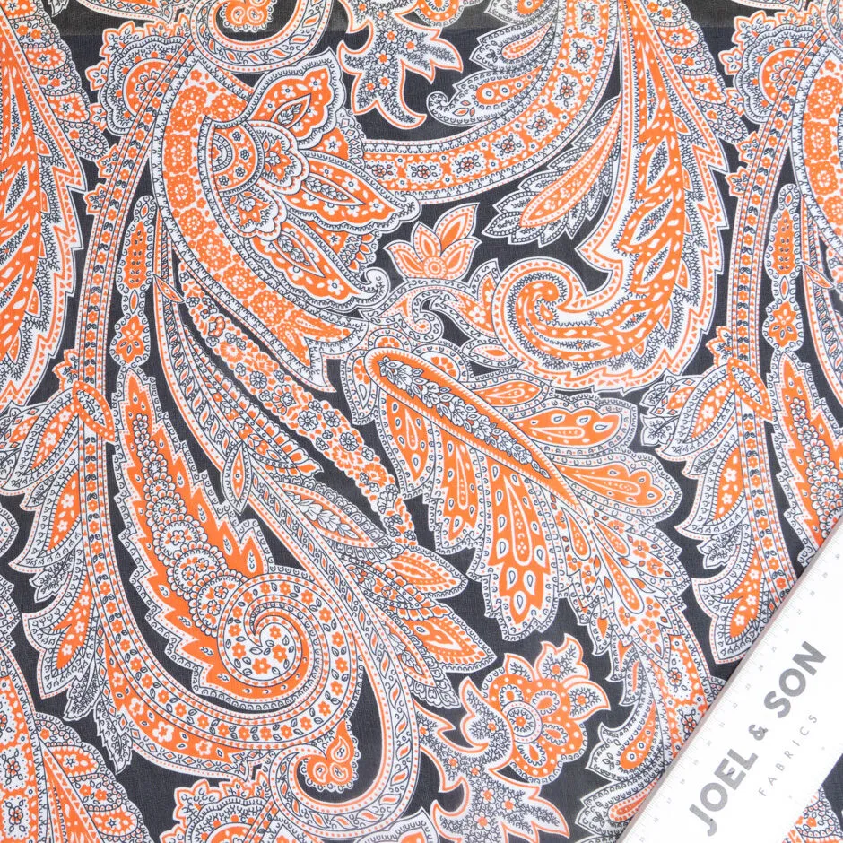 Orange & Black Paisley Printed Silk Georgette
