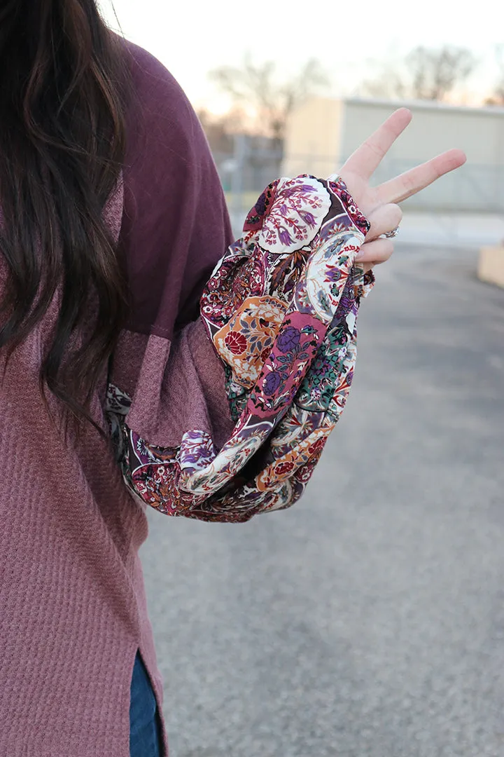Paislee Waffle Knit Floral Print Bubble Sleeve Top - Curvy