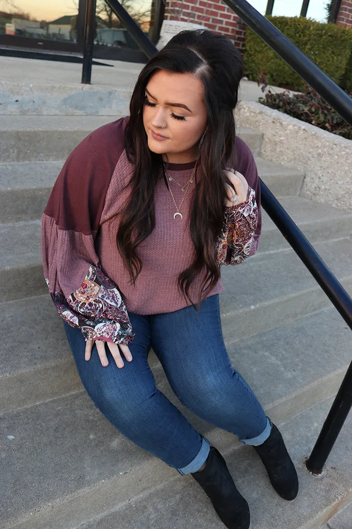 Paislee Waffle Knit Floral Print Bubble Sleeve Top - Curvy